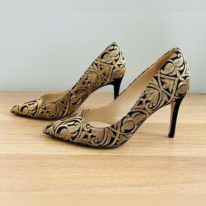 Deimille Italy Gold & Black Brocade Heels | Pointed Toe Pumps Size 36